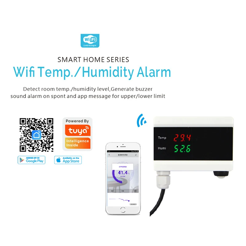 

Tuya WiFi Smart Temperature Humidity Sensor With Digital Display Built-in Smart Alarm Buzzer WIFI Wireless Signal Transmission