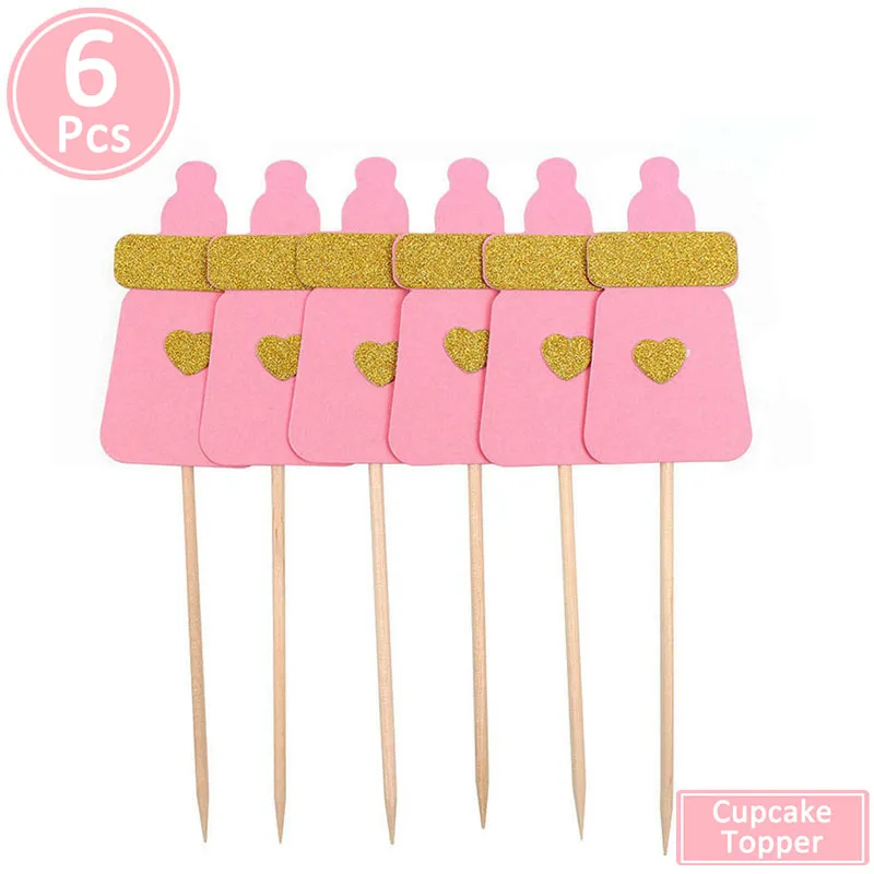 pink feedingbottle 10/6 шт. блеск Бумага 1 для капкейка-первый День рождения украшения 1st на день рождения мой один год для маленьких мальчиков и девочек расходные материалы - Цвет: pink feedingbottle
