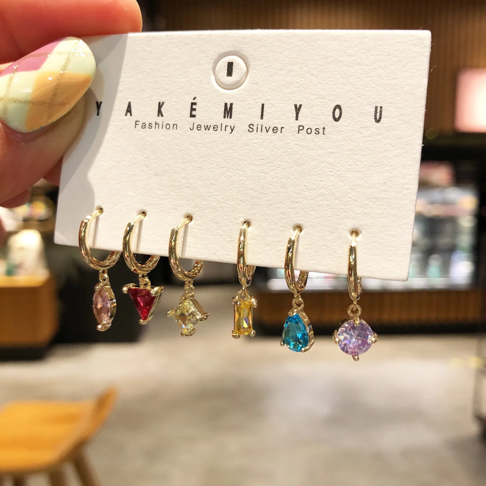 

Copper ring Korean style geometric color zircon crystal cute 6-piece zircon ear stud earrings