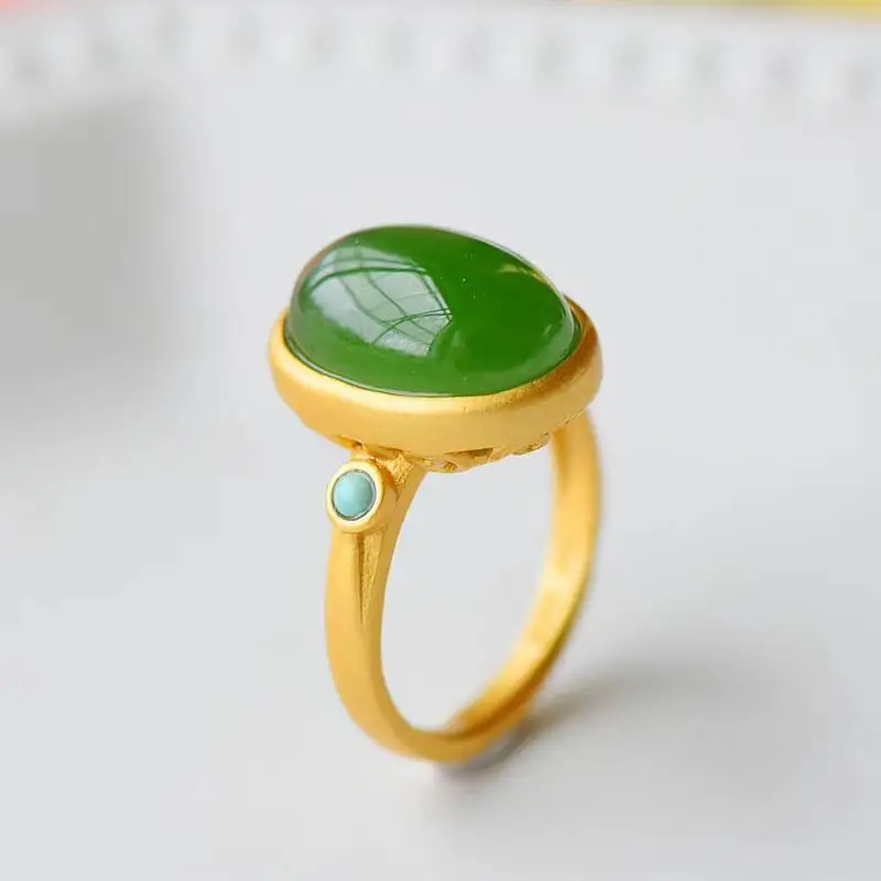 

Natural Hetian Jade Ring Female S925 Sterling Silver Gilding Craft Inlaid Jasper Opening Adjustable Ring