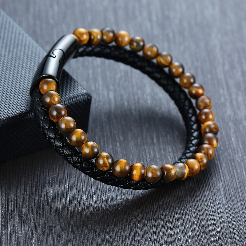 Мужской браслет с двойными цепочками и плетеными звеньями из натуральной кожи |