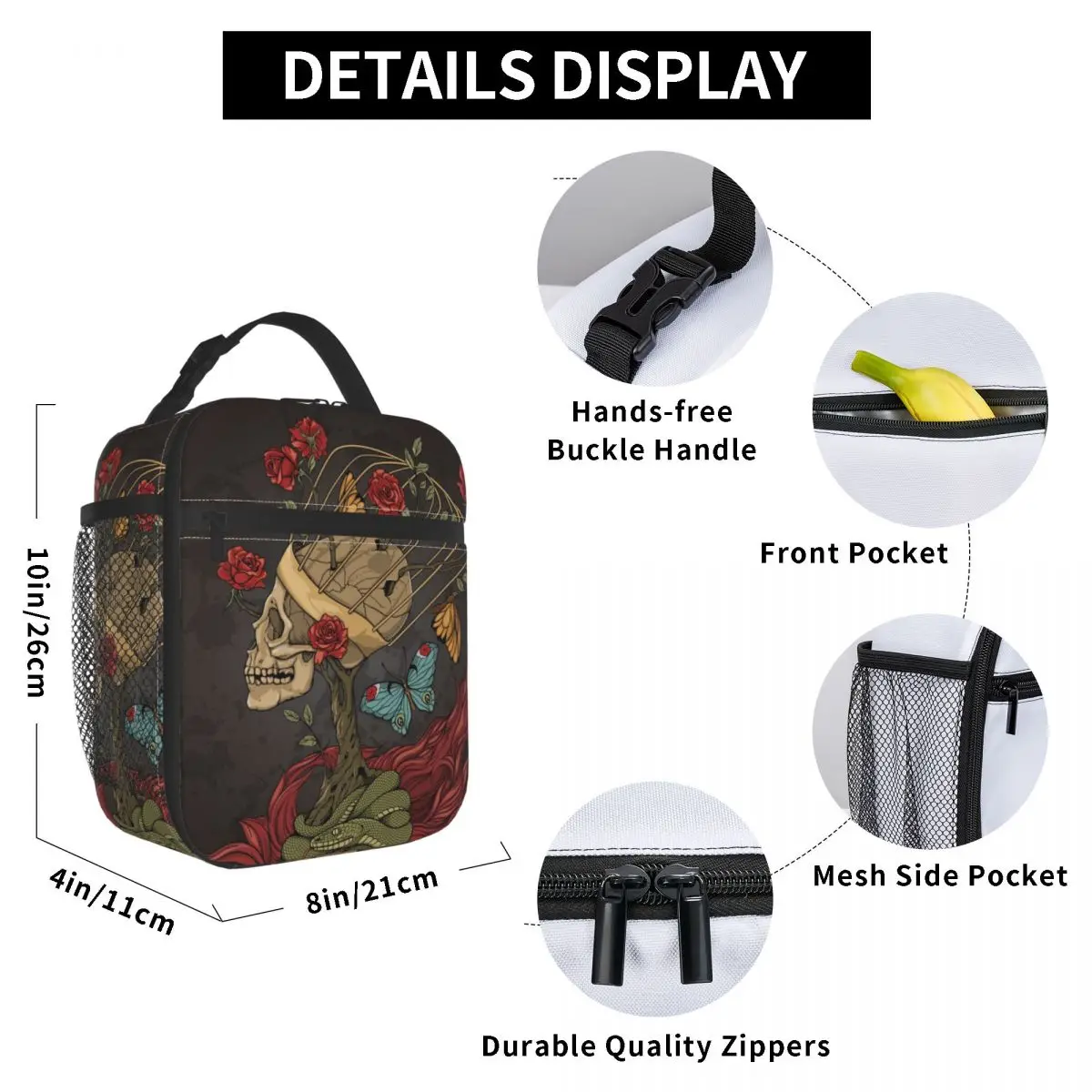 

Skull Bush Of Roses Snake Lunch Bag for Women Men Large Insulated Lunch Box with Water Bottle Holder and Pockets
