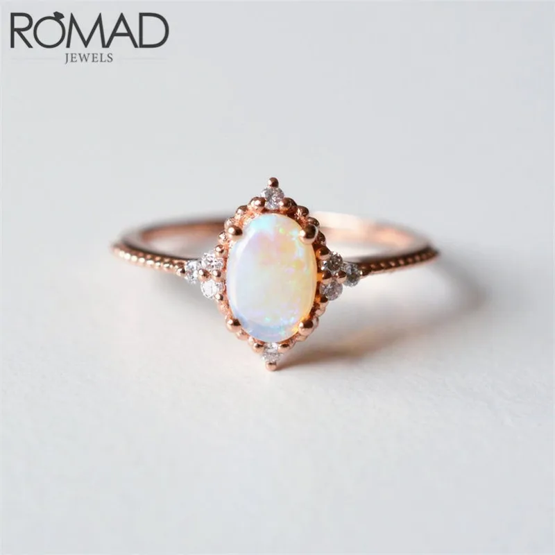 Rose gold ROMAD Dainty тонкие радужные огненные опал кольца для женщин ювелирные изделия винтажное Волшебное зеркало Дизайн свадебное кольцо нежные CZ хрустальные кольца - Цвет основного камня: Rose gold