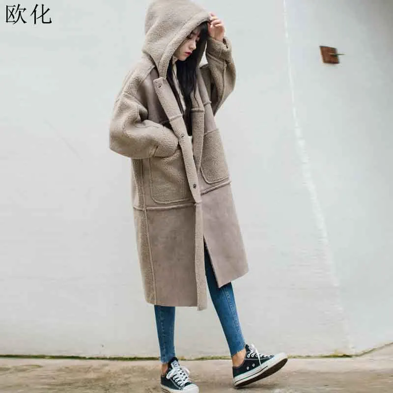 

2022 Winter Korean Faux Suede Fur Jackets Women Plus Size Lambs Wool Hooded Long Parka Mujer Batwing Shearling Faux Suede Coat