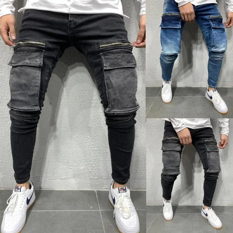 2 color jeans men's jogging pants men's big pocket hip-hop black blue zipper slim fit tight stretch stitching Eur USA style