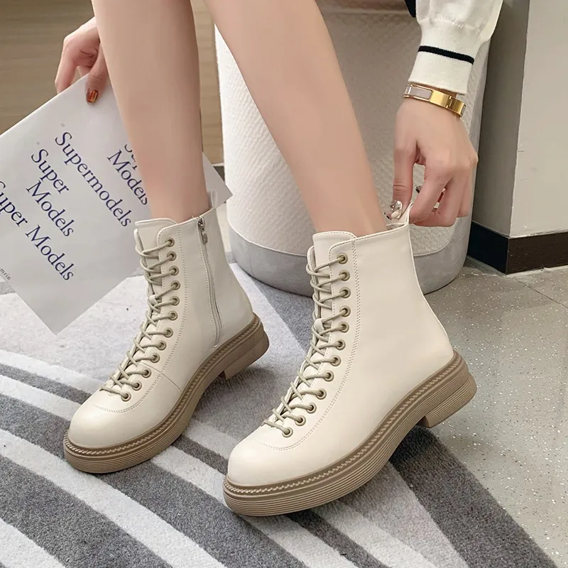 Women's Boots Women's Motorcycle Boots Shoes Lace-up Leather Non-slip Fashion Thick-soled Women's 2021 New Fall