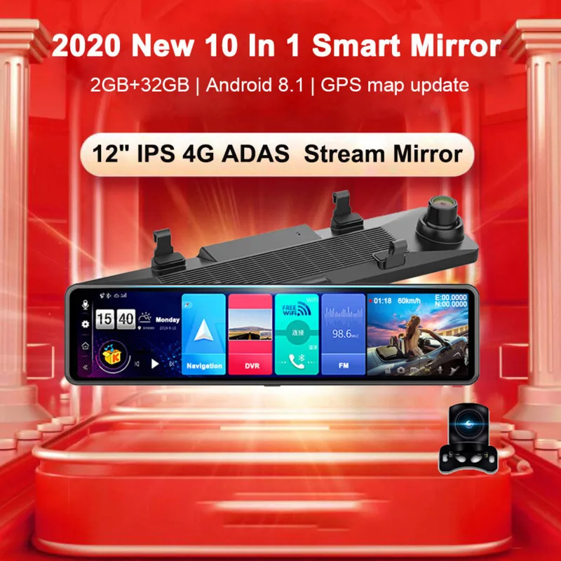 4G Автомобильный видеорегистратор Камера 12 &quotAndroid зеркало заднего вида WIFI GPS ADAS HD