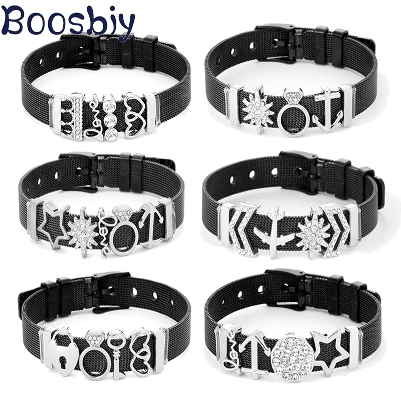 Boosbiy черный сетчатый Браслет из нержавеющей стали с сердечком шармы брендовые