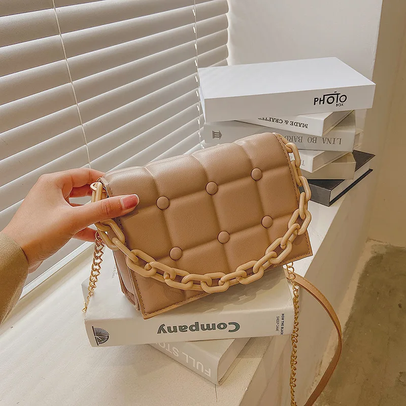 

Luxury Brand Handbag Tofu Plaid Leather Clutch Purses Acrylic Chains Crossbody Bags For Women Fashion Shoulder Bag Lady Satchel