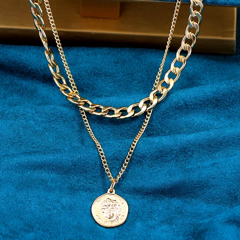 

Fashion Punk Coin Portrait Pendant Necklaces For Women Gold Color Multilayer Cuban Chain Necklace Personality Jewelry Gift