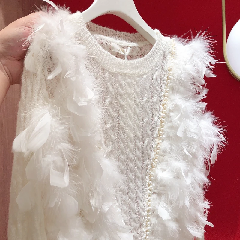 

Craft Winter Ladies Heavy Feather Tassel Pullover Tops Sweater 2021New Ladies Long Sleeve Fashion All-match Cardigan XL