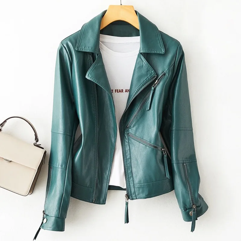 

2021 New Spring Autumn Women PU Leather Jacket Faux Soft Leather Coat Short Slim Black Zipper Motorcycle Jackets Female Y617