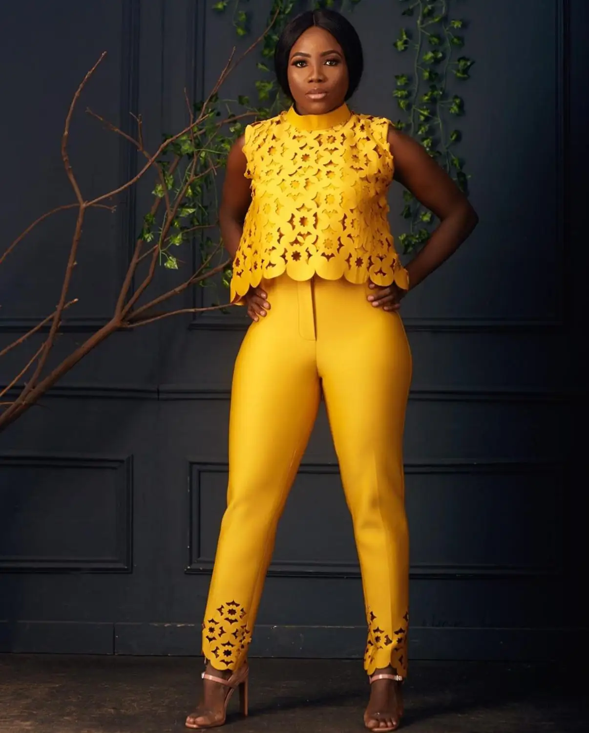 Yellow Pink Firing Sexy Women Set Star Style Runway 2 Pieces Crop Top And Pencil Pants DAM378 |