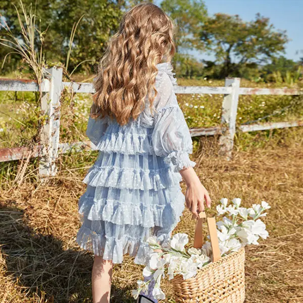 

Children Long Puff Sleeve Dress Baby Girls Spring Pleated Dresses for Girls Cake Midi Tutu Dress Kids Girls Party Vestidos