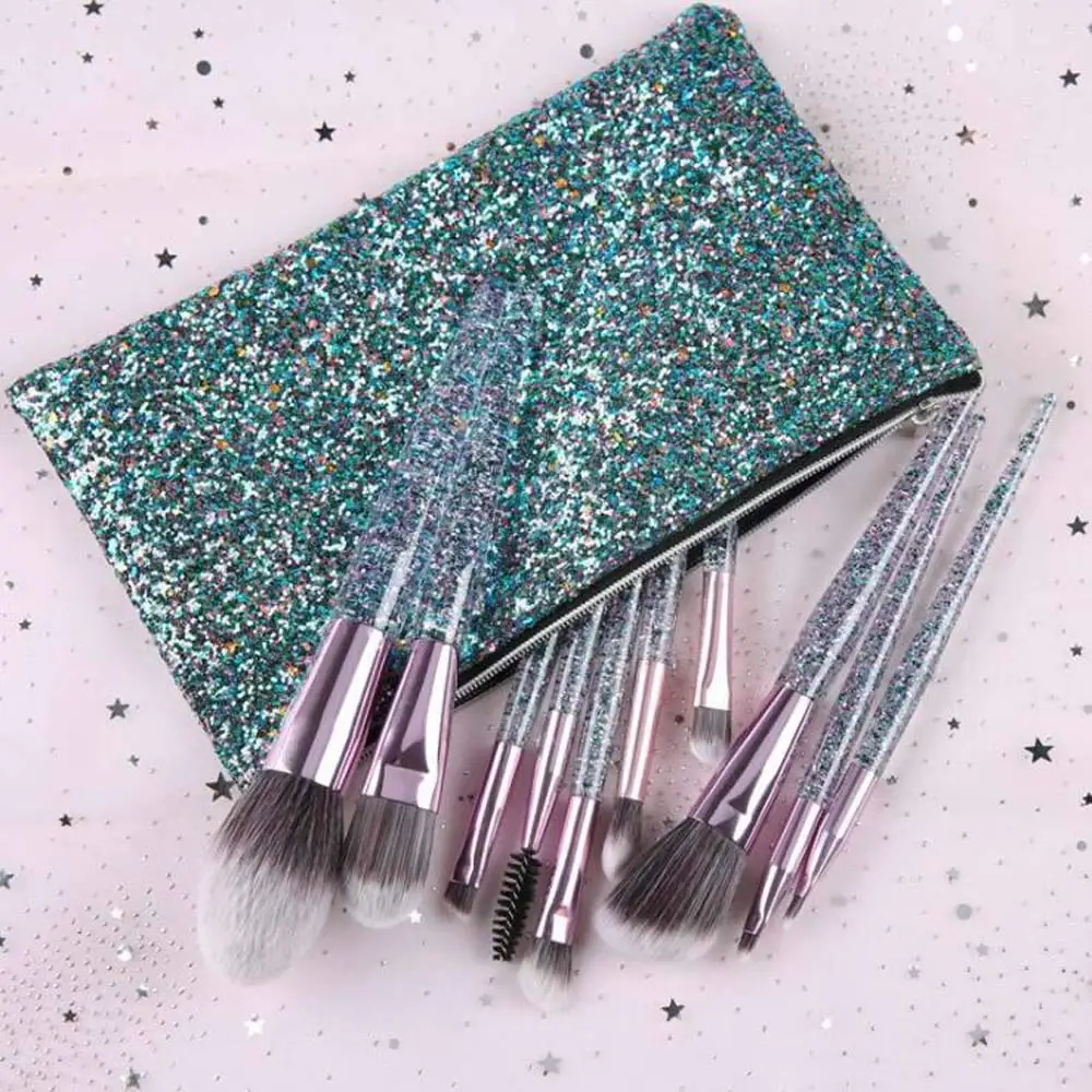 

10Pcs Makeup Brushes Set with Glitter Bag Crystal Handle Eye Shadow Blending Eyeliner Eyelash Eyebrow Foundation Blush Brush