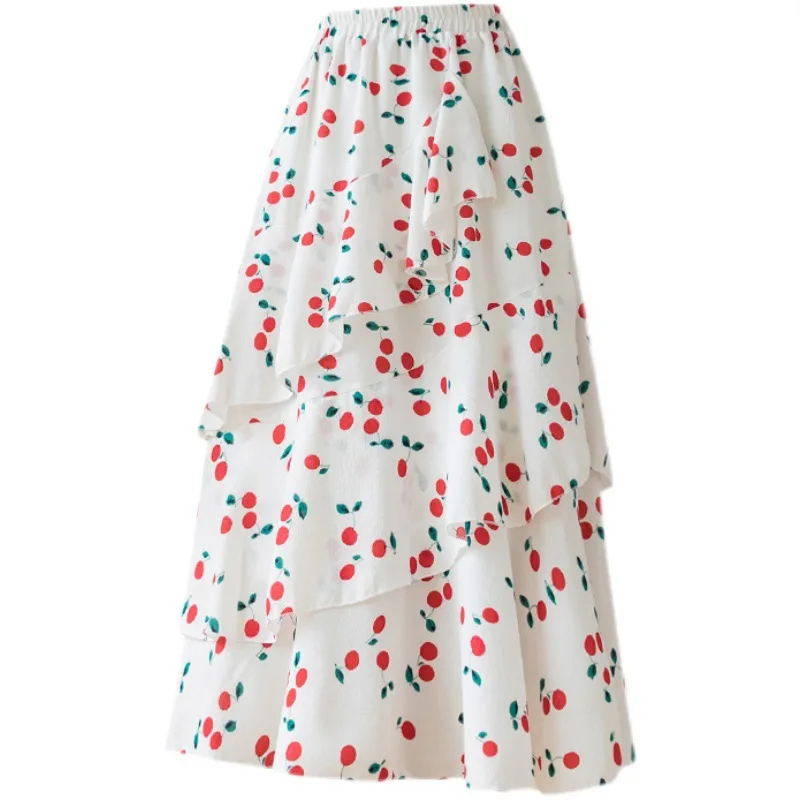 

2021 Korean New Multi-layer Chiffon Skirt Women Fresh Printed Ruffle Skirt Irregular Midi Skirt Female