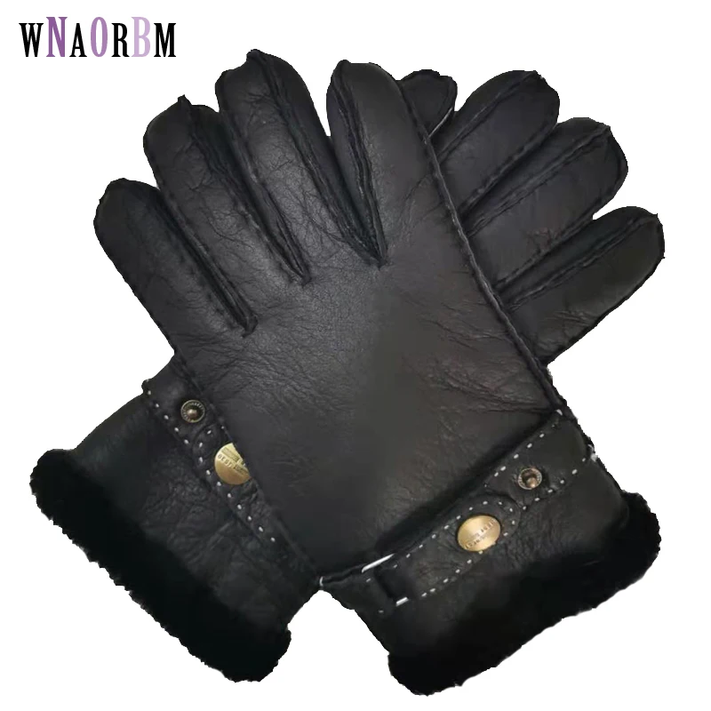 

Из натуральной кожи с подкладкой из меха, перчатки, модные мужские зимние осенние Термальность с овечьим мехом варежки на открытом воздухе ...