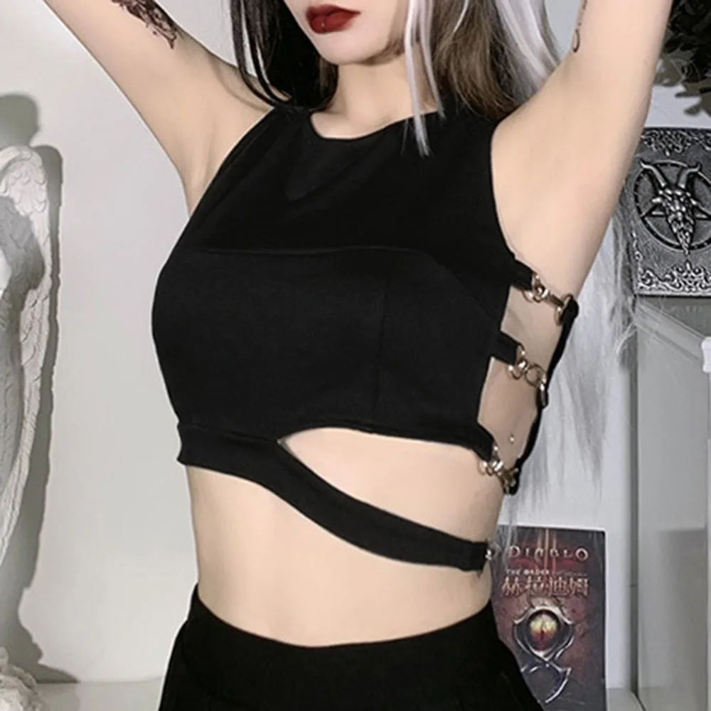 

2021 Summe Trendr New Black Tank Top Western Style Navel Hollow Out Fashion High Street Irregular Side Exposure