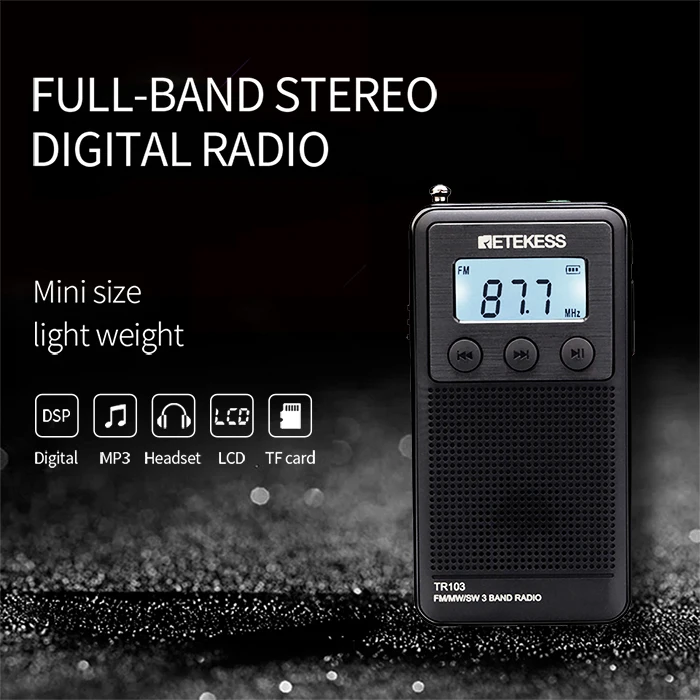 Retekess TR103 карман портативное мини-радио FM/MW/SW Цифровая настройка радио 9/10 кГц MP3 музыкальный плеер с Перезаряжаемые Батарея