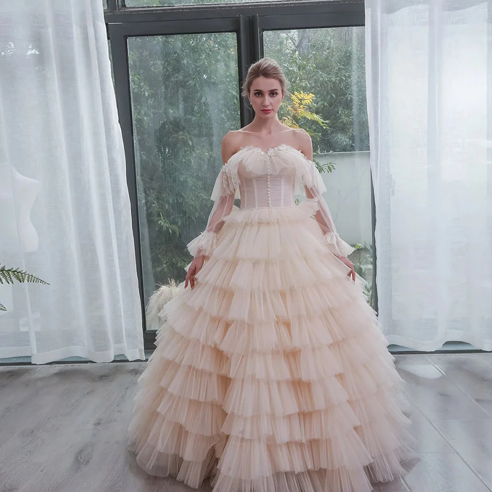 

2021 Sexy Strapless Wedding Dress Custom Three Quarter Sleeves Ruched Lace Up Bridal Gowns