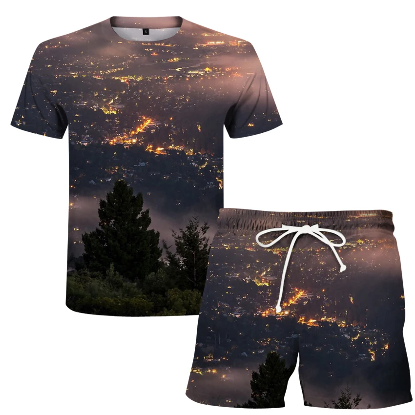 

T-shirt + shorts scenery tower city pattern summer suit 3D men's gentleman leisure men's suit 2-piece set