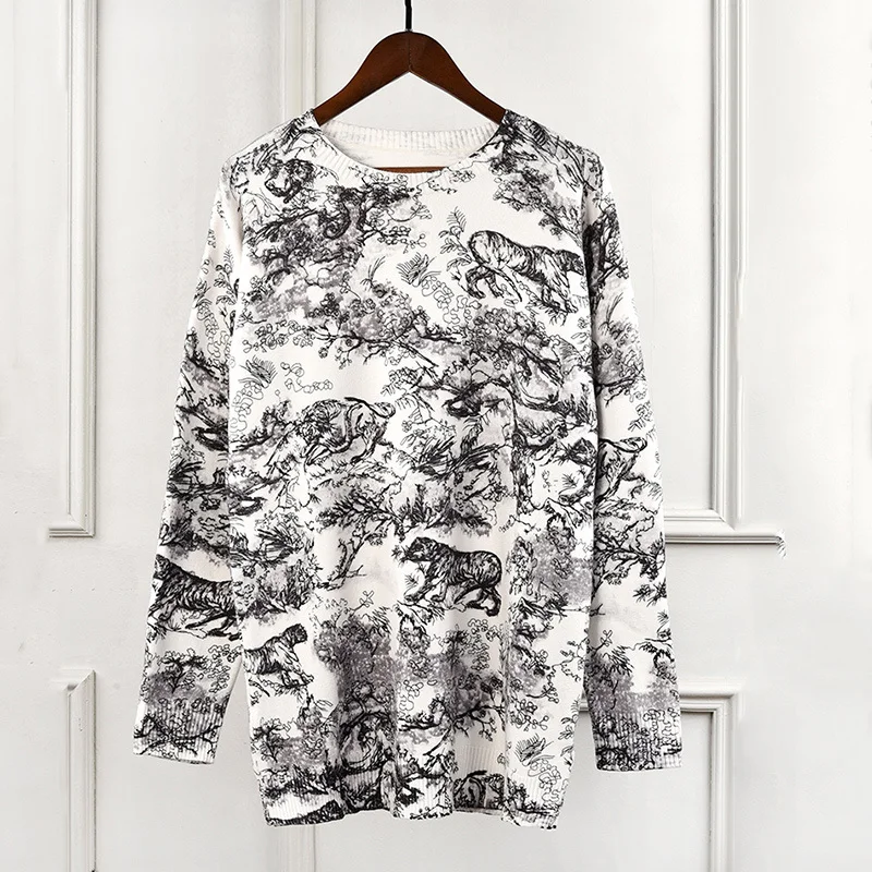 Женский жаккардовый вязаный свитер с принтом листьев тигра пуловер длинными