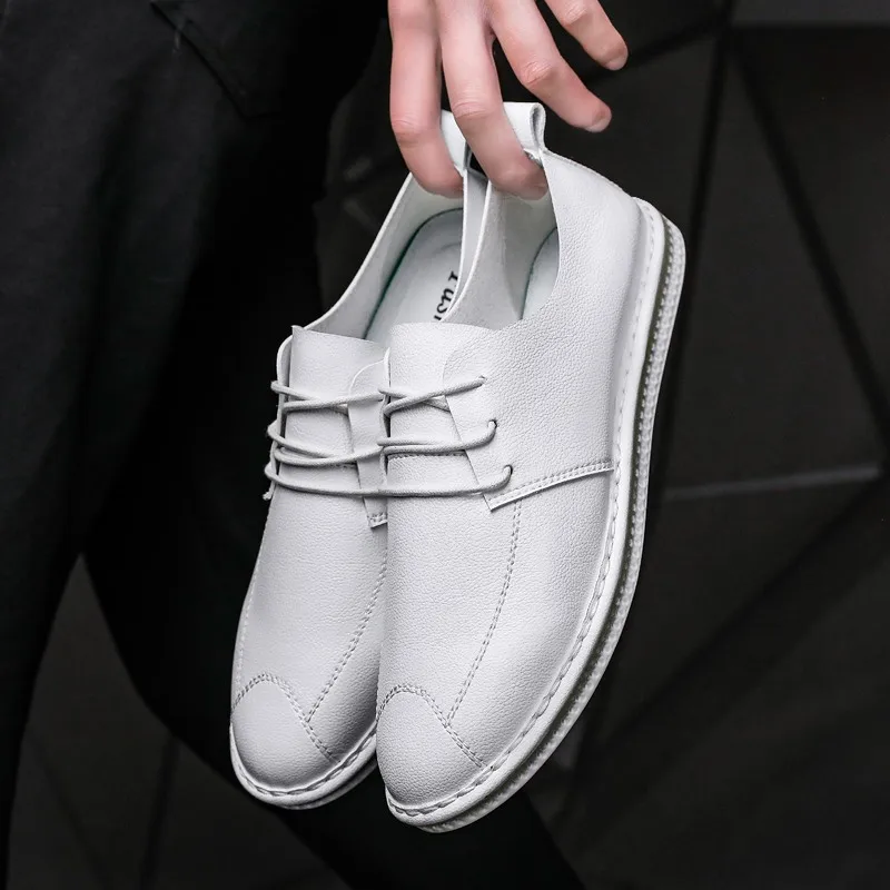 

Microfiber Leather Lace-up Sneakers Peas Shoes Flat Non-slip Breathable Casual Men's Shoes White Shoes