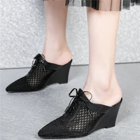 2021 women genuine leather wedges high heel roman gladiator sandals female breathable mesh pointed toe pumps shoes casual shoes
