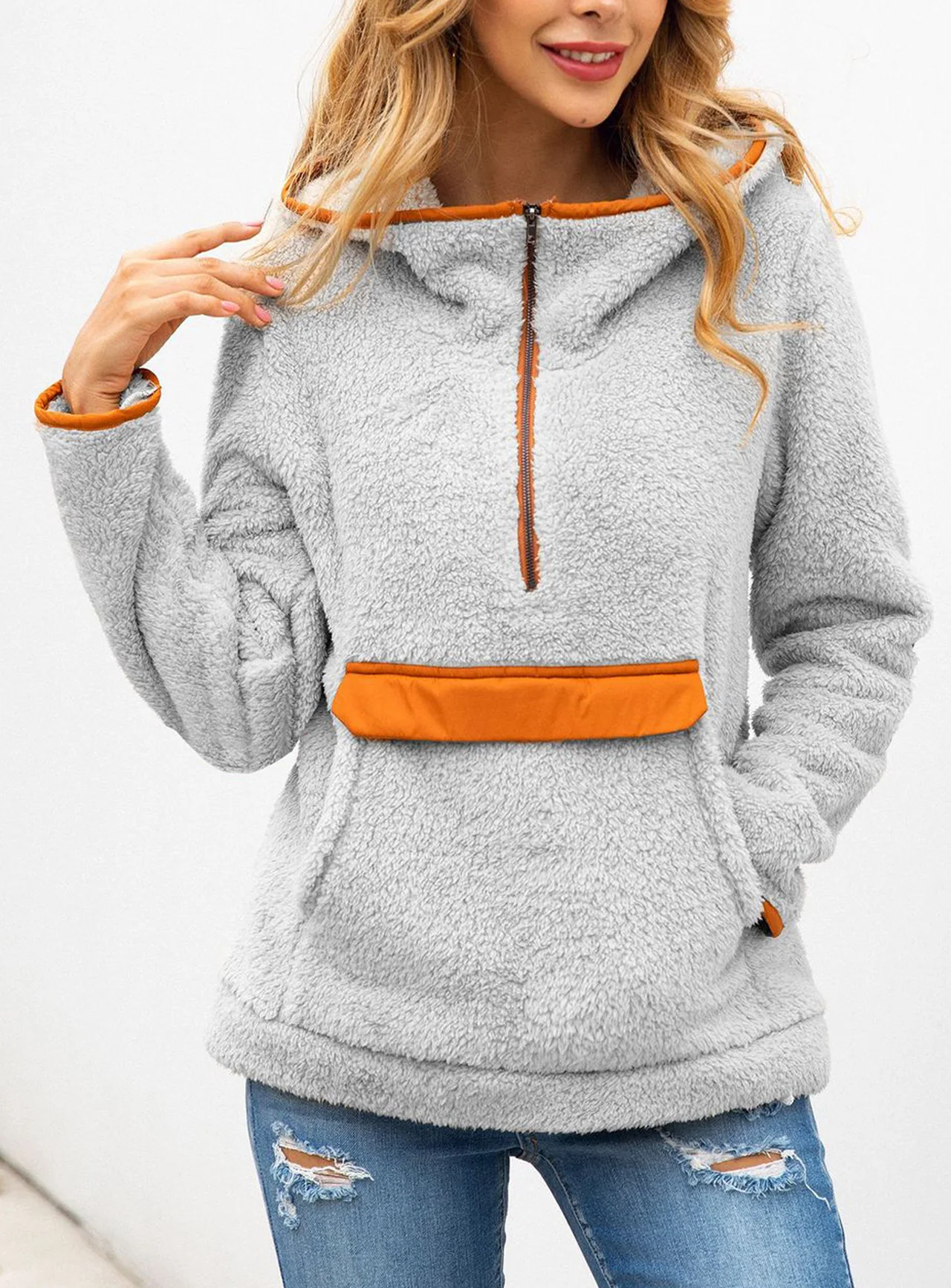 Осенний Женский Повседневный пуловер на молнии с v-образным вырезом флисовый