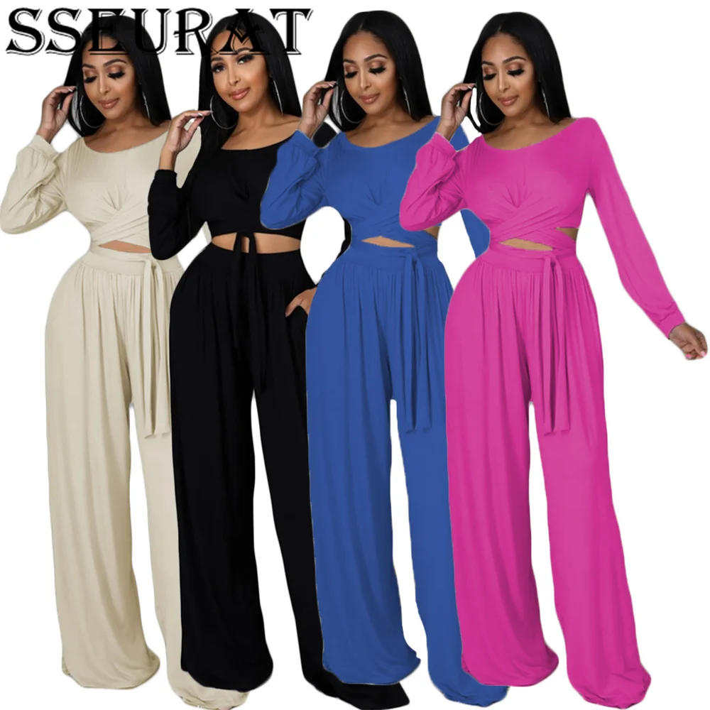 

SSEURAT Casual Women Two Piece Set Solid Color Long Sleeve Bandage Crop Tops +High Waist Wide Leg Pants Set Elegant Outfit