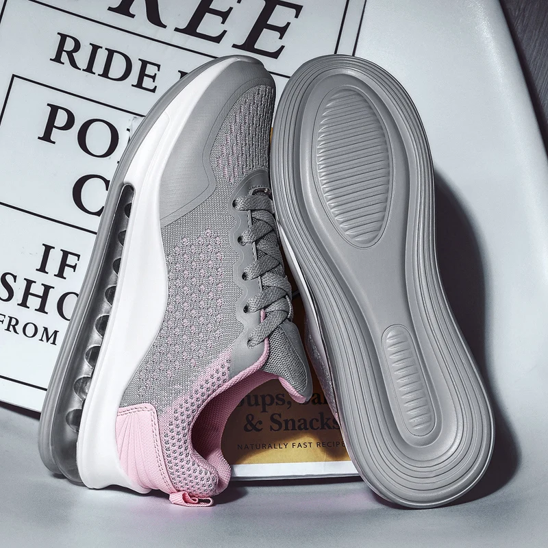 

Weideng Women's Shoes Mesh Surface Air Cushion PU Flats Sole Round Toe Lace Up Platform Increase Breathable Running Sneakers