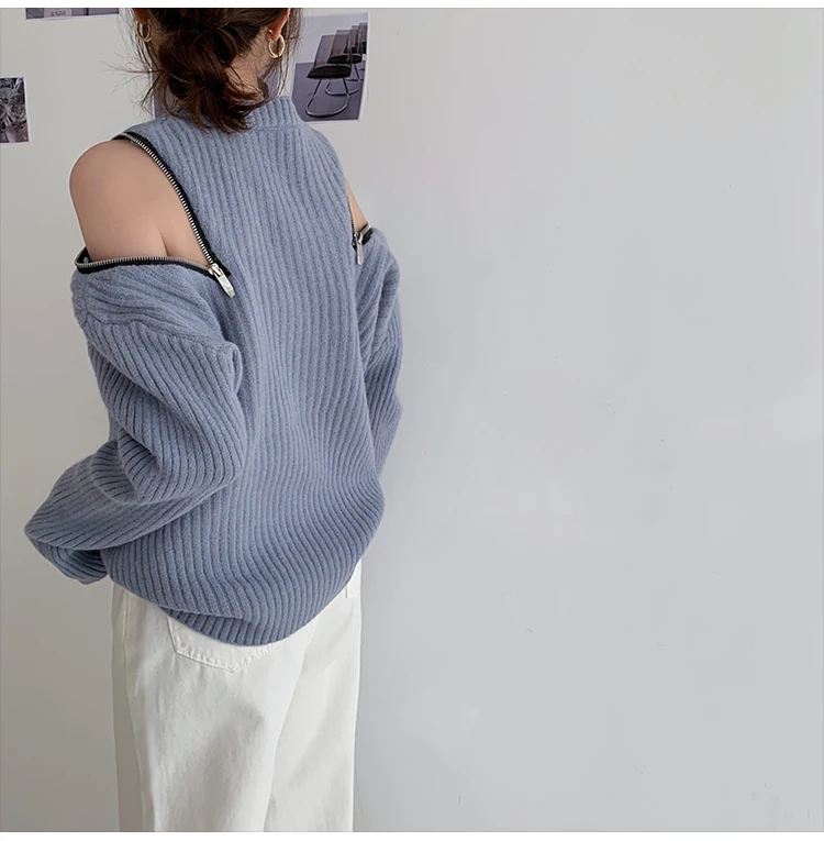 

2020 INS Women Solid Knitted Sweater Autumn Korean Long Sleeve Pullover Vadim Zipper Shoulder Jumper Sweater Elegant Pull Femme