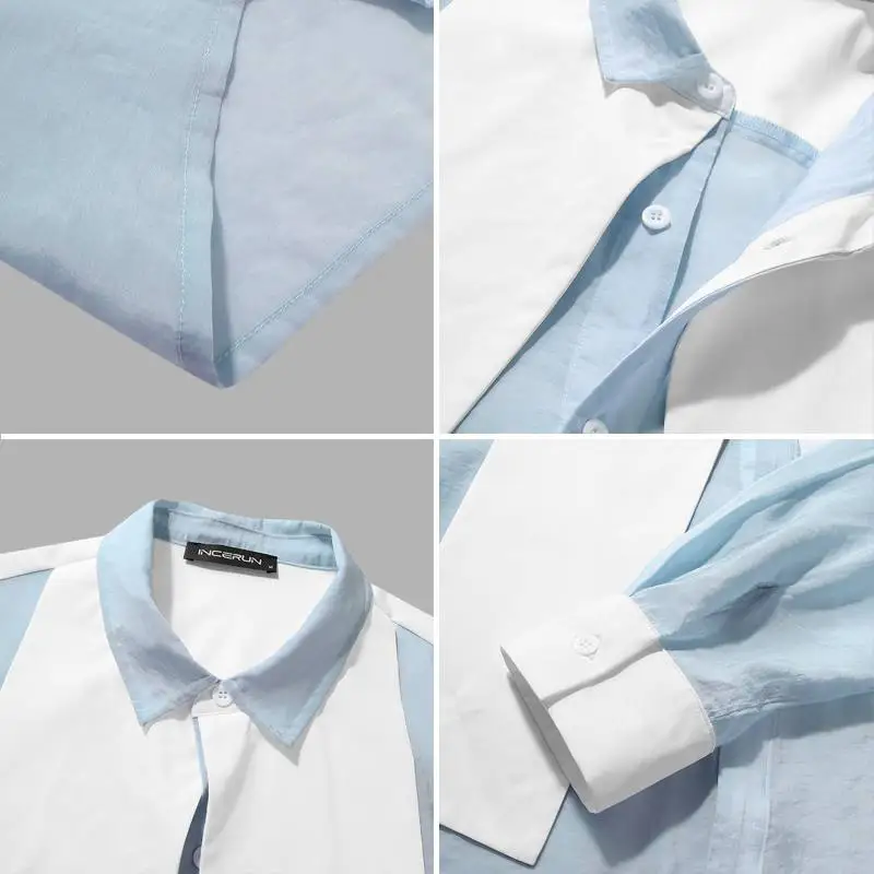 

INCERUN Fashion Men Patchwork Shirt Streetwear Lapel Long Sleeve Korean Casual Thin Shirts See Through 2021 Personality Camisas