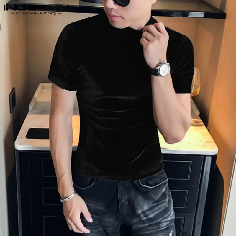 

Korean Style Handsoem New Men Solid All-match Camiseta Party Shows INCERUN Male Fashion Suede Light Short-sleeved T-shirts S-5XL