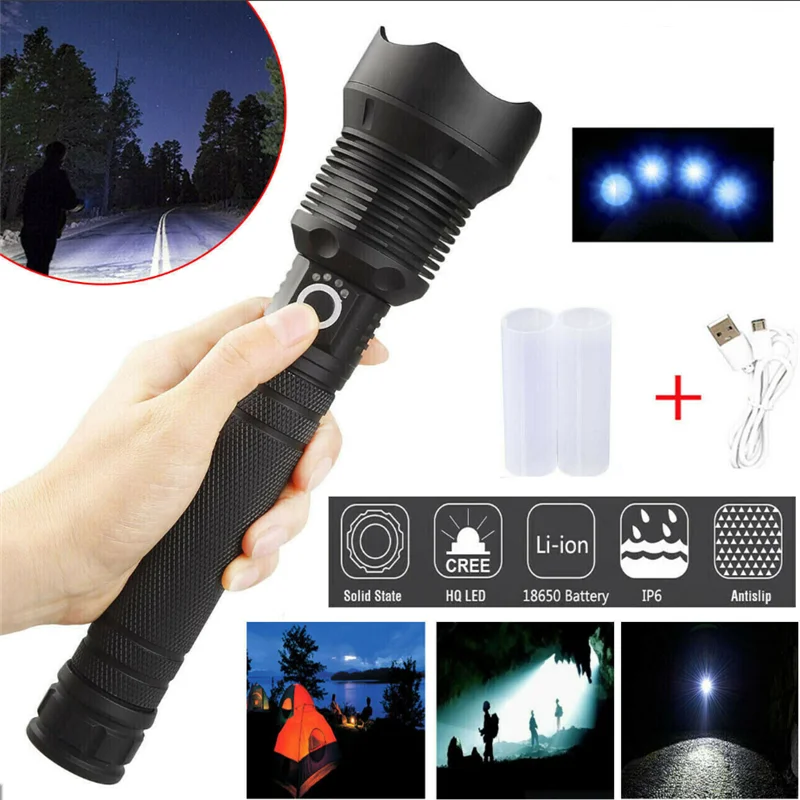 

LED Flashlight 120000 Lumens USB Rechargeable Zoomable XHP70.2 Most Powerful Torch Outdoor Light Camping Tools Hiking Flashlight