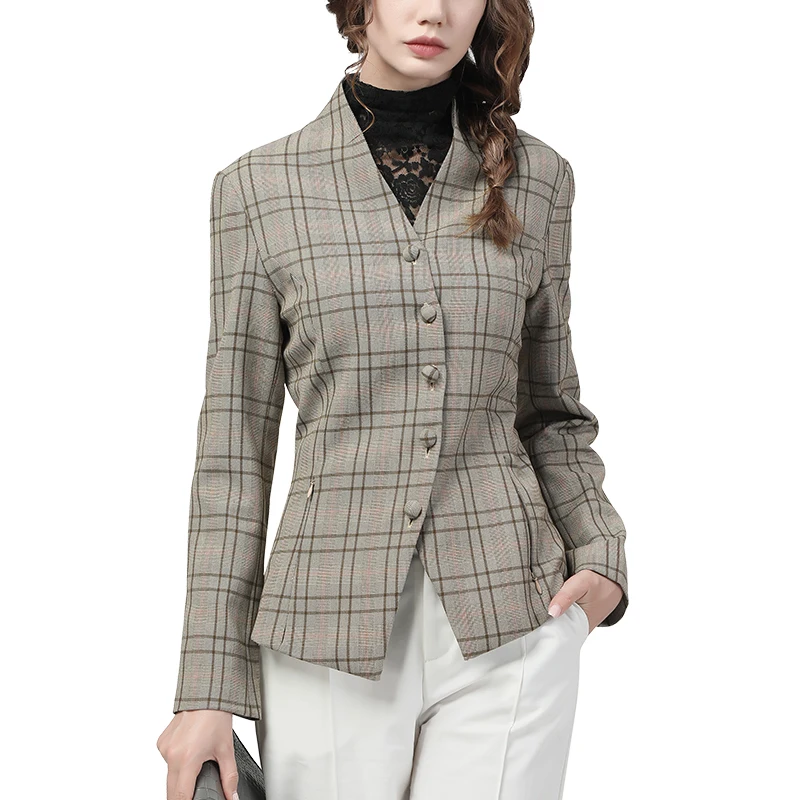 

Vintage Gray Plaid Women' Jacket 2020 Autumn New Single-breasted Long Sleeve V-Neck Elegant Slim Office Ladies Casual Coats