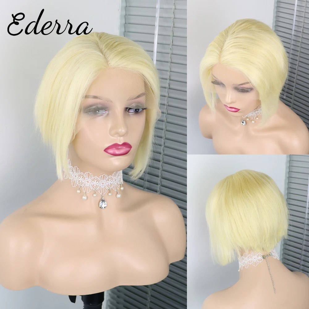 

Pixie Cut Wig Human Hair Pre Plucked Peruvian 150% Remy Bleached Knot 13x1 Lace Wig Short Straight Side Part Bob Wigs For Women