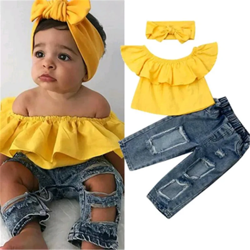 

1-6Y Summer Toddler Baby Girl Clothes Off Shoulder Ruffle Tops Hole Denim Pants Bowknot Headband 3Pcs Outfits Clothes Summer