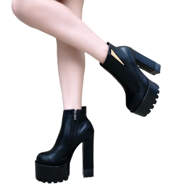 2021 autumn muffin thick heel dance catwalk hate the sky high 15cm super high heel nightclub naked short boots women's