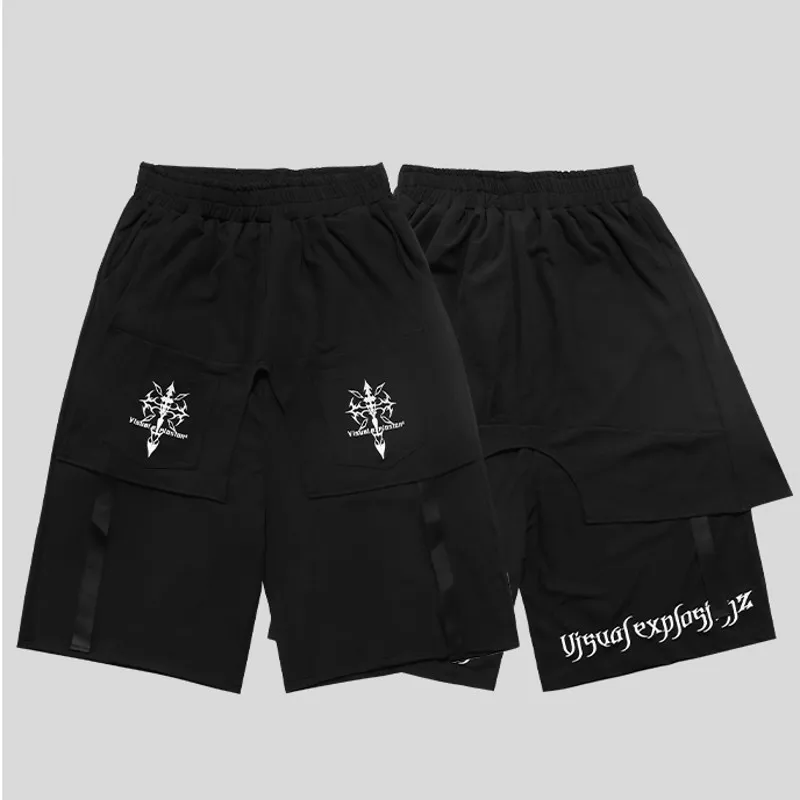 

Male Streetwear Hip Hop Gothic Short Pant Men Spring Summer Embroidery Ribbon Loose Casual Straight Harem Pants Stage Clothing