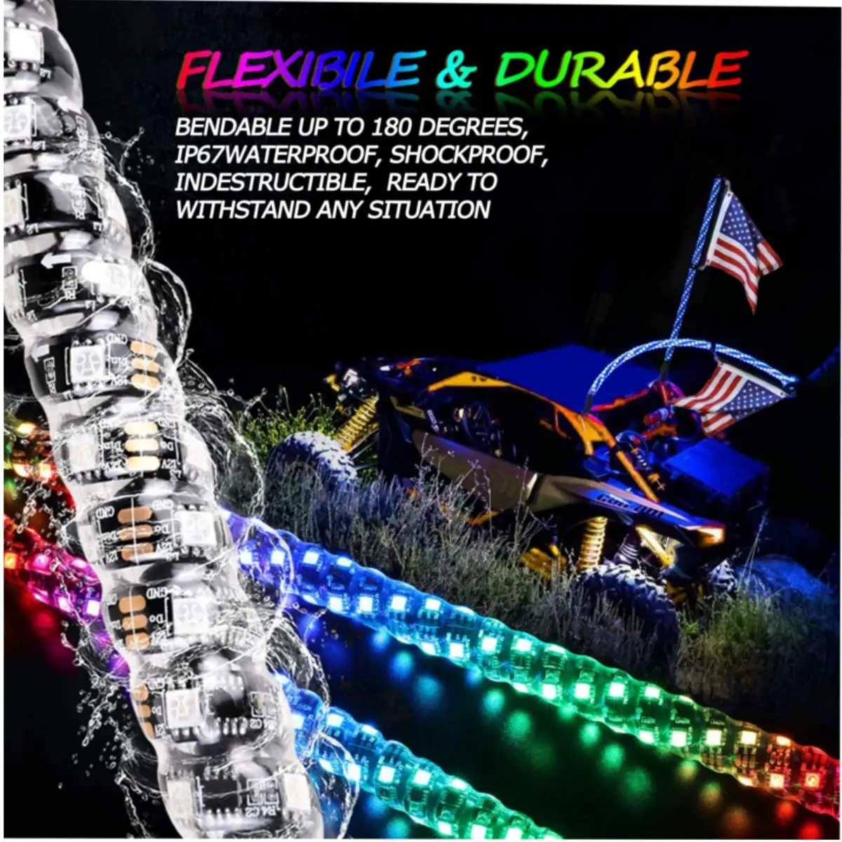 

3/4FT LED Whip Light 12V RGB Bendable Remote Control Multi-color Super Bright Flagpole Lamp Light IP67+America Flag 30-45/35-55W