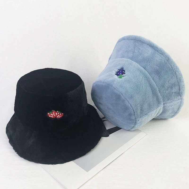 YSYX 2020 New Autumn Winter Bucket Hats Female Fruit Embroidery Bucket Hats Plush Warm Basin Cap's Velvet Fisherman Cap's YS:077