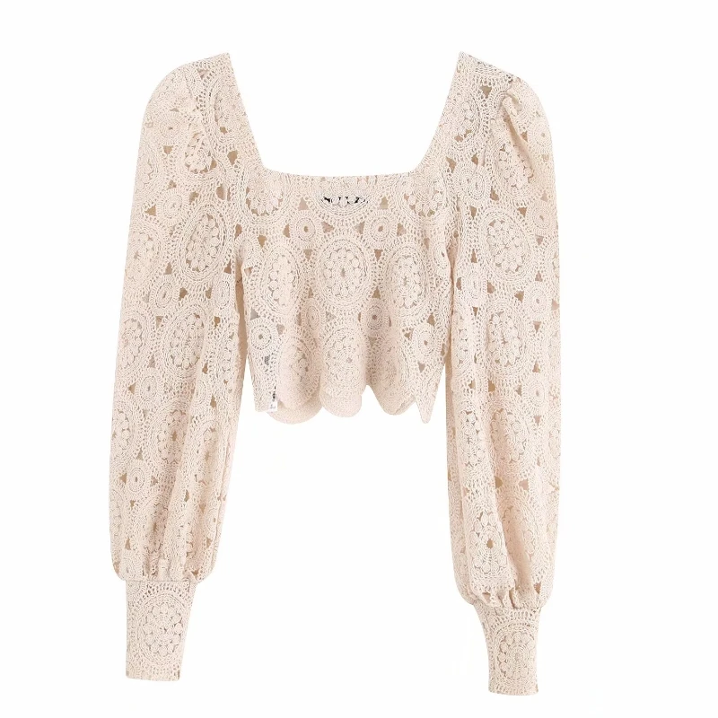 Новая женская сексуальная открытая кружевная короткая блузка с вышивкой для