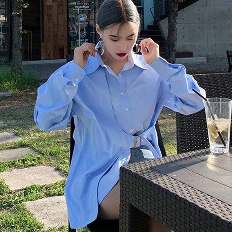 

Lace-Up Mid-Length Shirt Women Korean Long-Sleeved Women'S Summer Shirt Women'S Single-Sided Belt Top