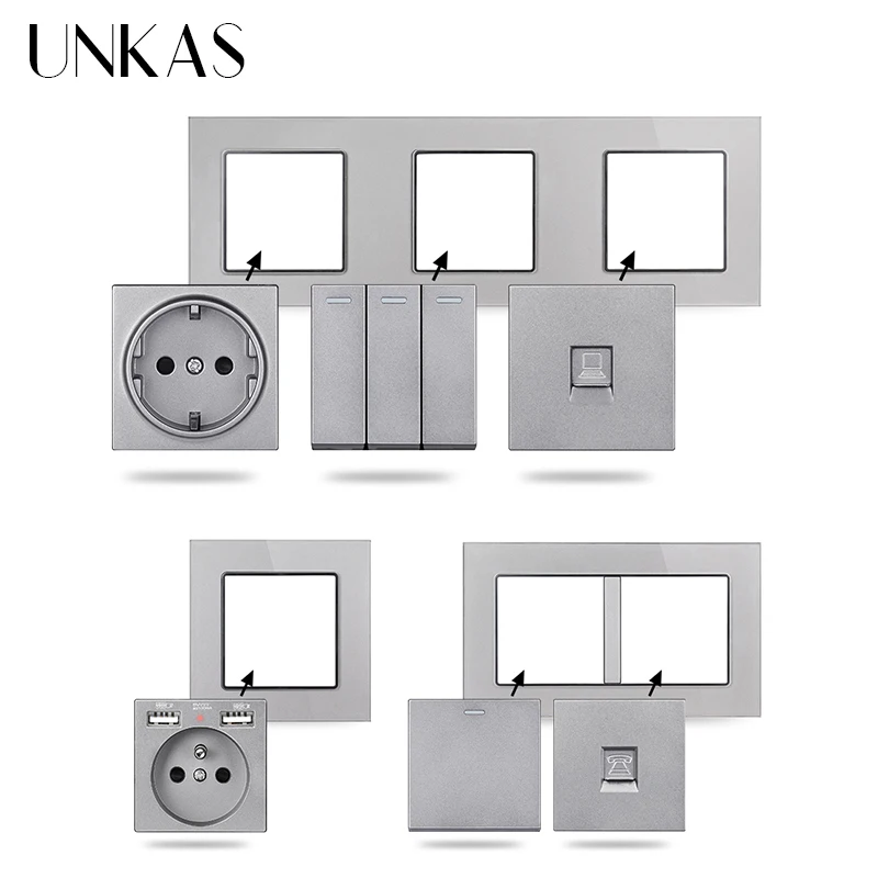 UNKAS Gray Glass Panel DIY Combination Free Matching French DE EU Socket Dual USB 1 2 3 4 Gang 1/2 Way Push Wall Button Switch |