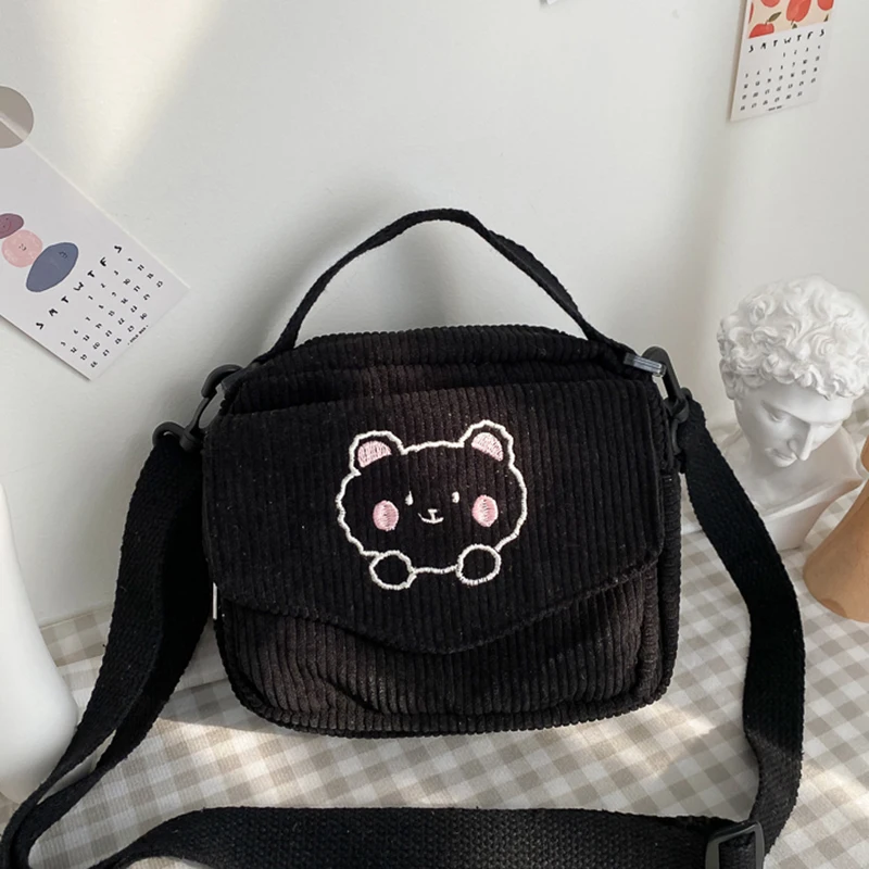 

New Canvas Zipper Bag Embroidery bear Tote Shoulder Messenger Bag Women Mobile Phone Bags Small Corduroy Handbag Purse Handbag