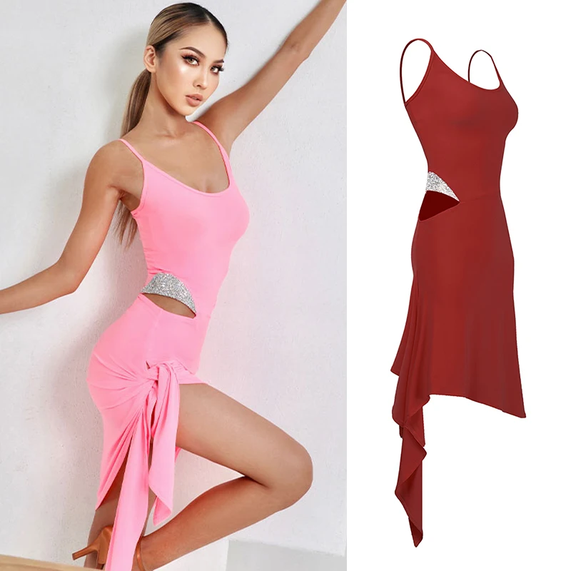 

2021 Latin Dance Dress Women Sparkly Crystal Waist Sling Dress Pink Red Latin Practice Dress Adult Competition Clothes DNV14747
