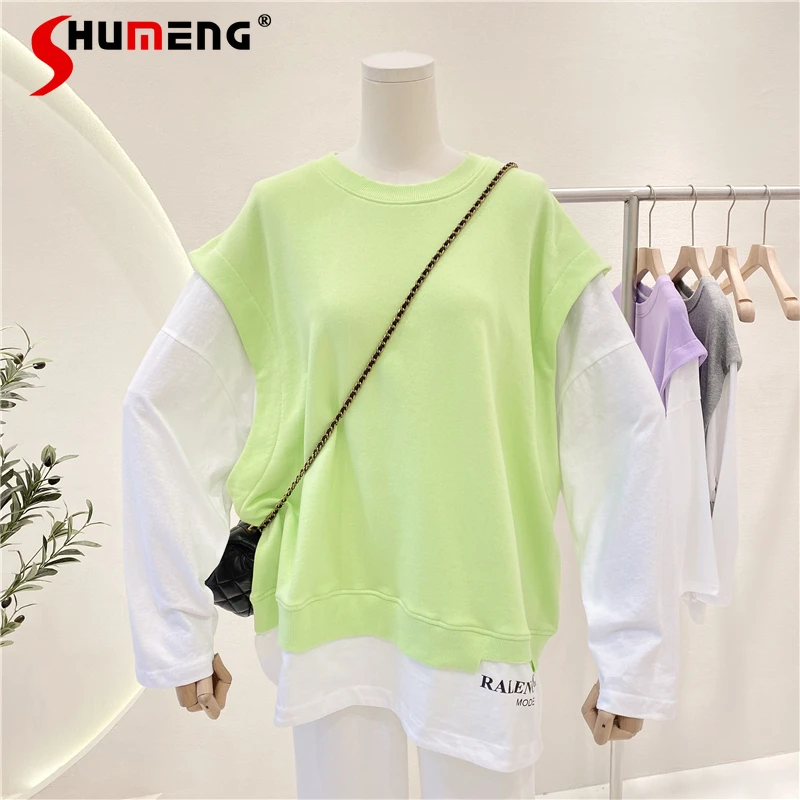 

Женская модная белая толстовка с длинным рукавом и имитацией двух предметов, женская новая простая однотонная свободная толстовка с круглы...