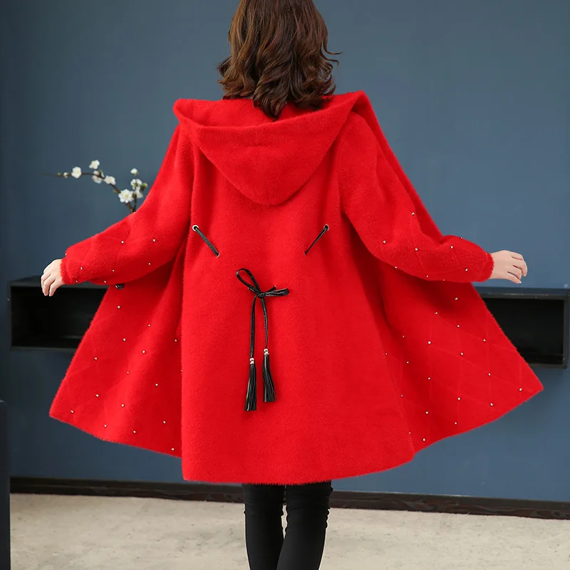 Женское длинное пальто с капюшоном теплое свободное повседневное со стразами