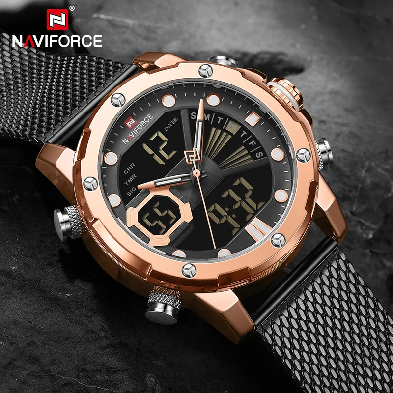 Роскошные часы NAVIFORCE, мужские бизнес часы со стальным ремешком, кварцевые военные цифровые спортивные наручные часы, водонепроницаемые часы, мужские часы